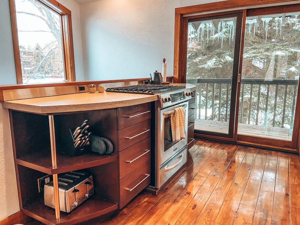 Brand new gas BBQ on the patio and view of Dollar Mountain over the stove.