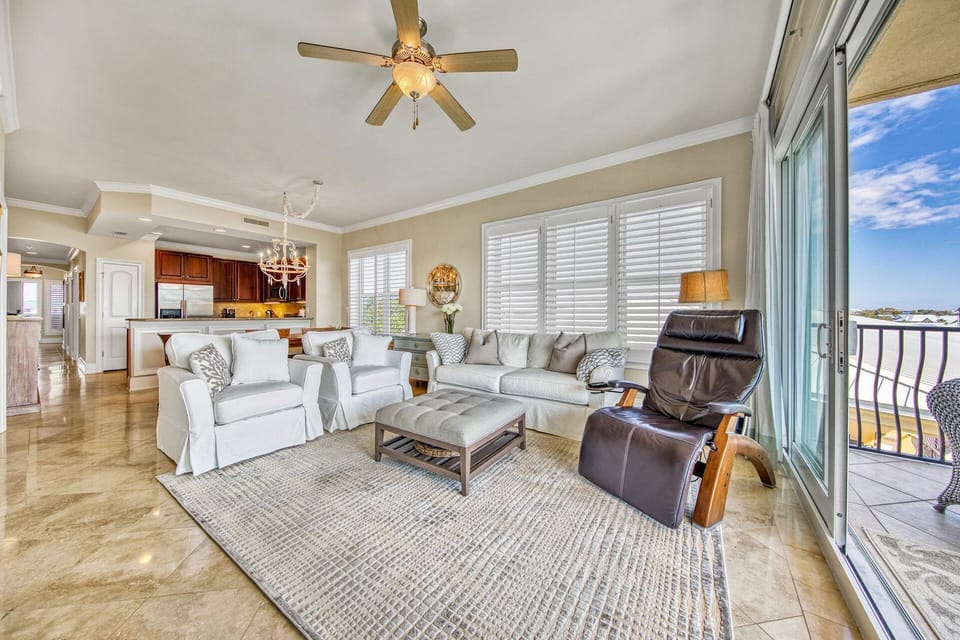 Transition seamless from living room to balcony.