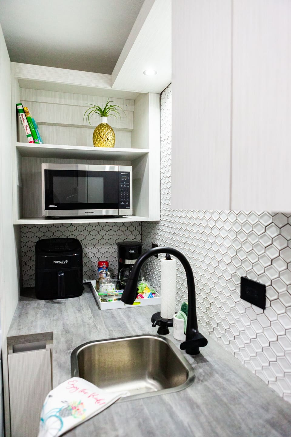 Microwave, Airfryer, and coffee and tea station