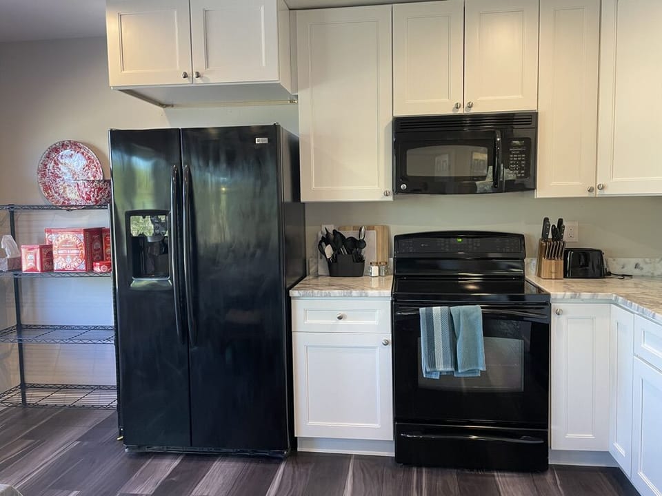 Fridge, stove, microwave.