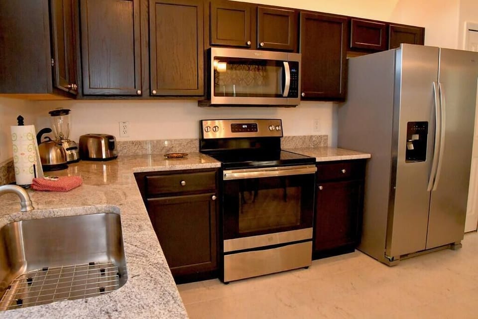 Open kitchen with granite counters