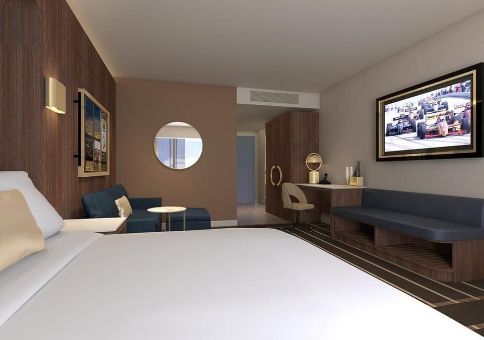 Kick back after exploring with a comfy bench and big-screen TV.