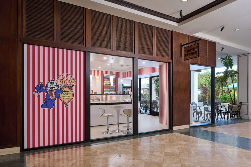 The property features an on-site ice cream shop with bright, inviting red-and-white striped décor and a charming vintage design, perfect for a sweet treat during your stay.