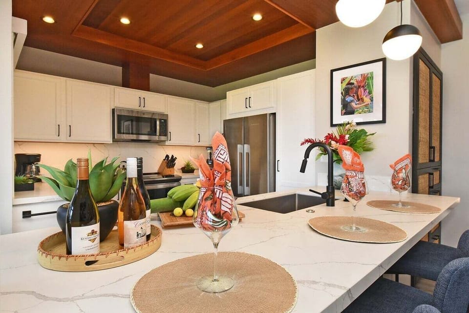 Bright kitchen island setup ideal for casual meals and entertaining.