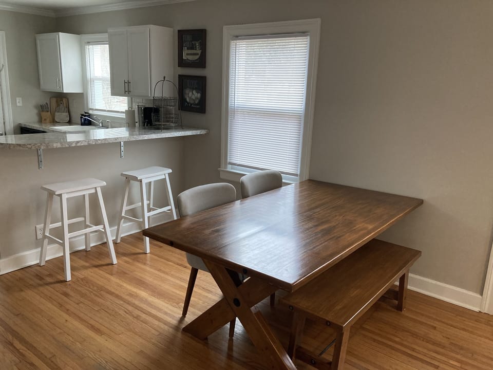 Dining table with bench and 2 comfy upholstered chairs