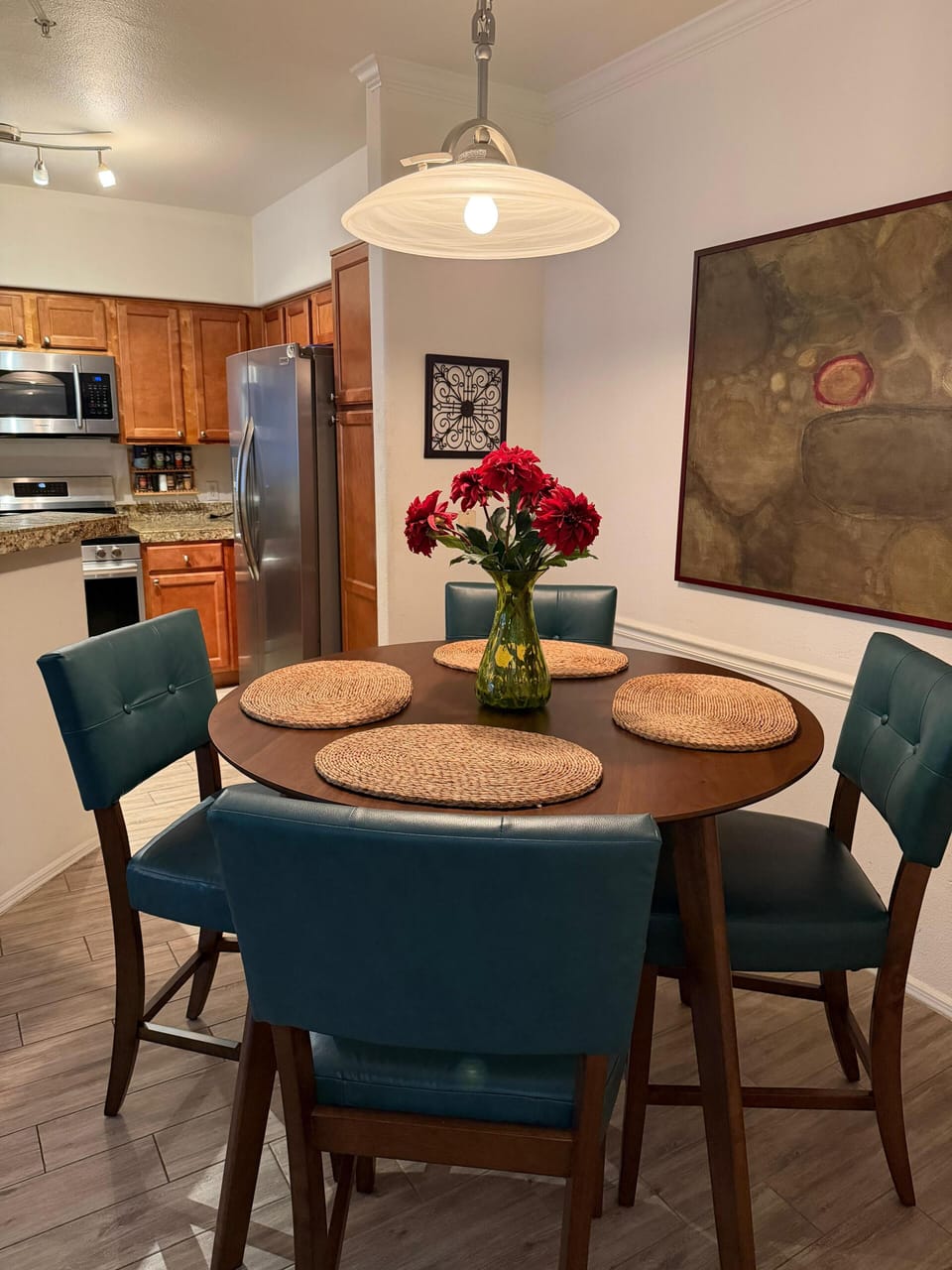 Raised dining table off living room and kitchen.