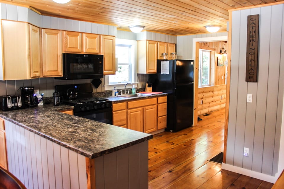Toaster, coffee maker, french press and coffee grinder are a few items available