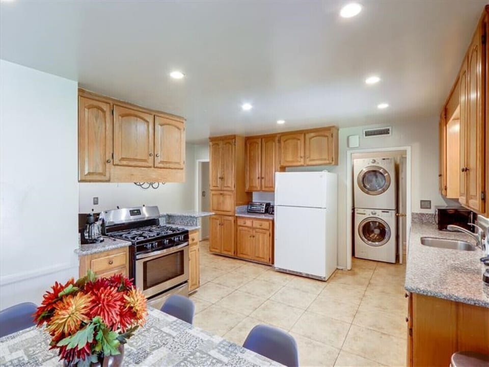 Refrigerator, freezer, dishwasher, gas stove, oven, toaster oven, and microwave