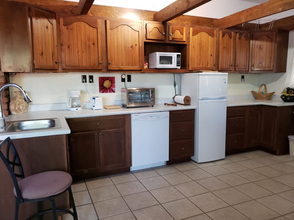 Kitchenette near deck: fridge, microwave, air fryer, dishwasher, coffee maker...