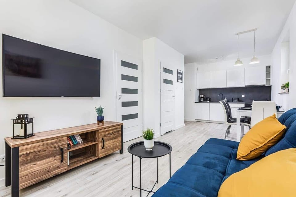 A spacious living room with a sofa, a TV on a minimalist stand, and decorative pillows for added color.