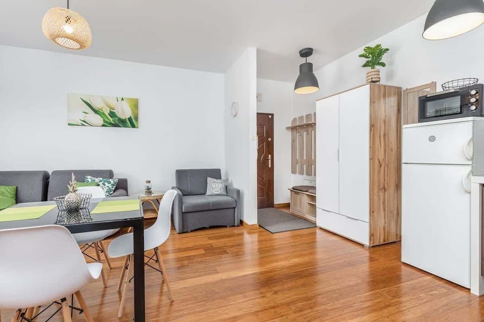Living room of Lwowska 10B/5 apartment with dining area, sofa, tv and kitchenette