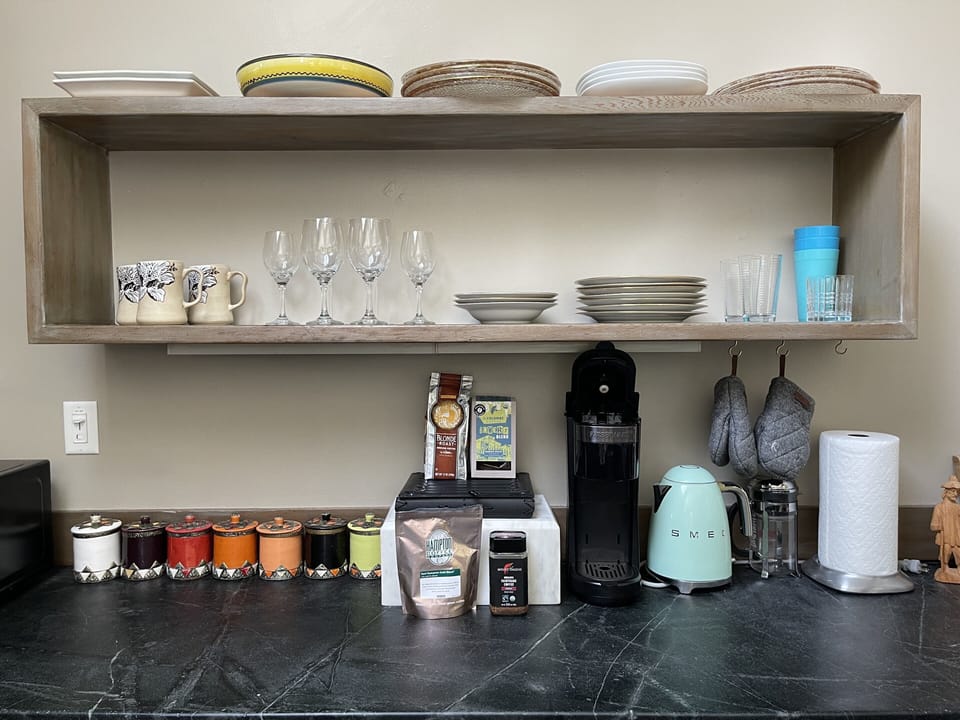 Organic teas & coffee / Plastic cups are for drinking water near pool or hot tub
