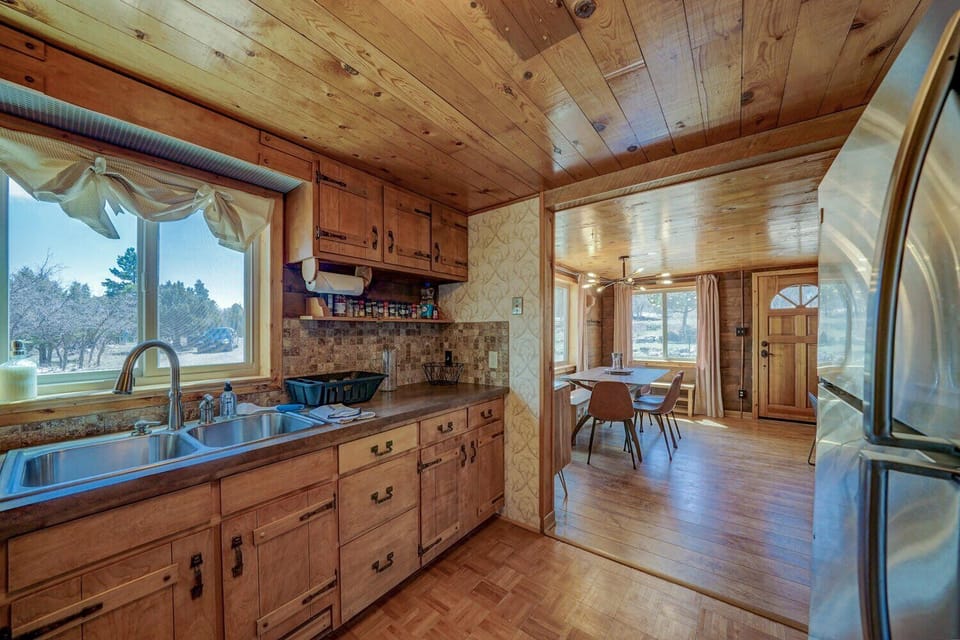 Plenty of storage and prep space. Coffee pot, toaster, microwave, electric griddle, crock pot, mixer, tea kettle and blender are all available