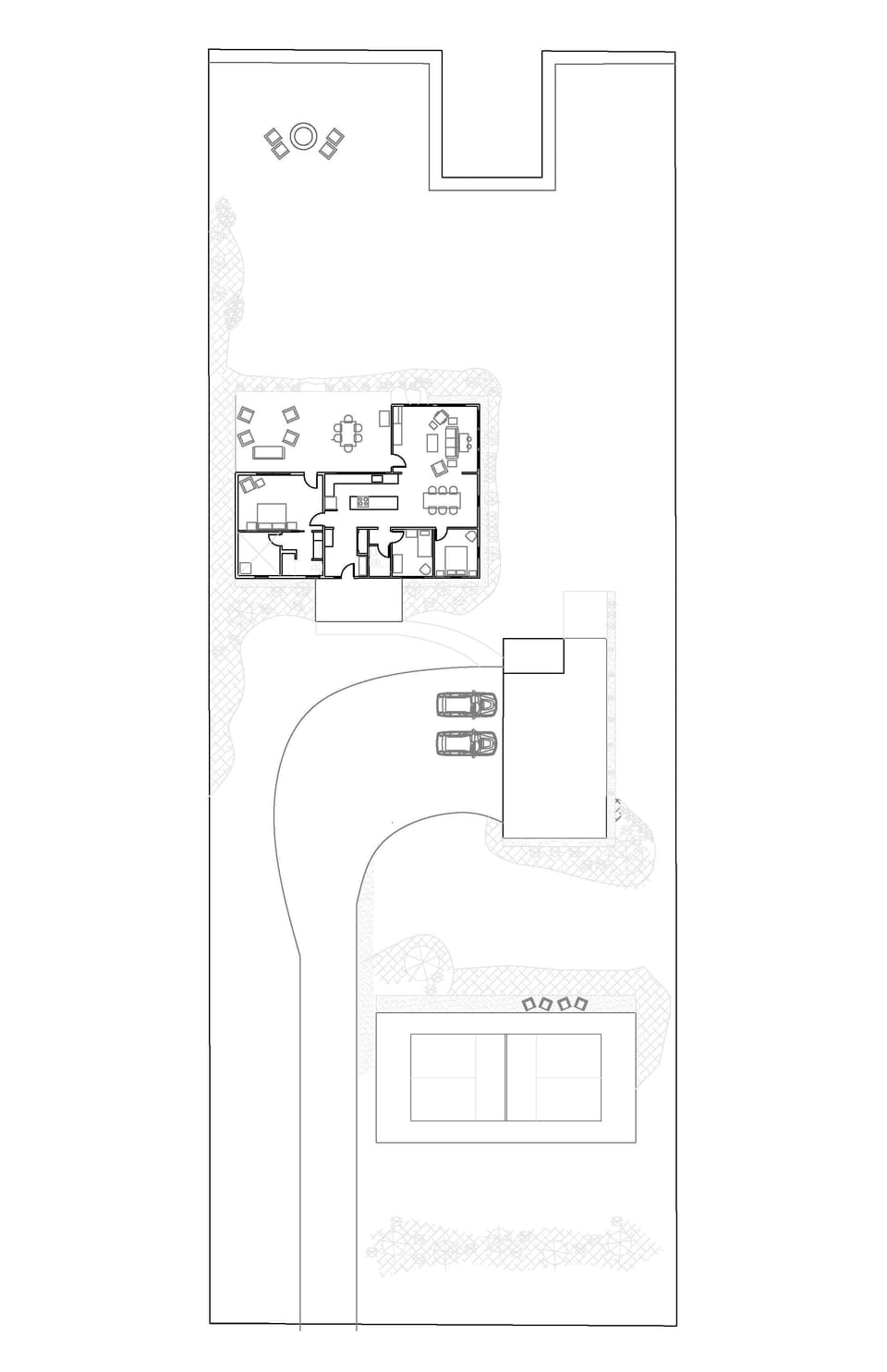 Site plan - showing house, pickleball court and lake proximities. 