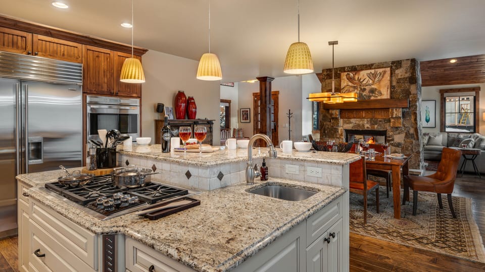 Kitchen, Main Level, Chalet Beliza - Kitchen with island and pendant lighting