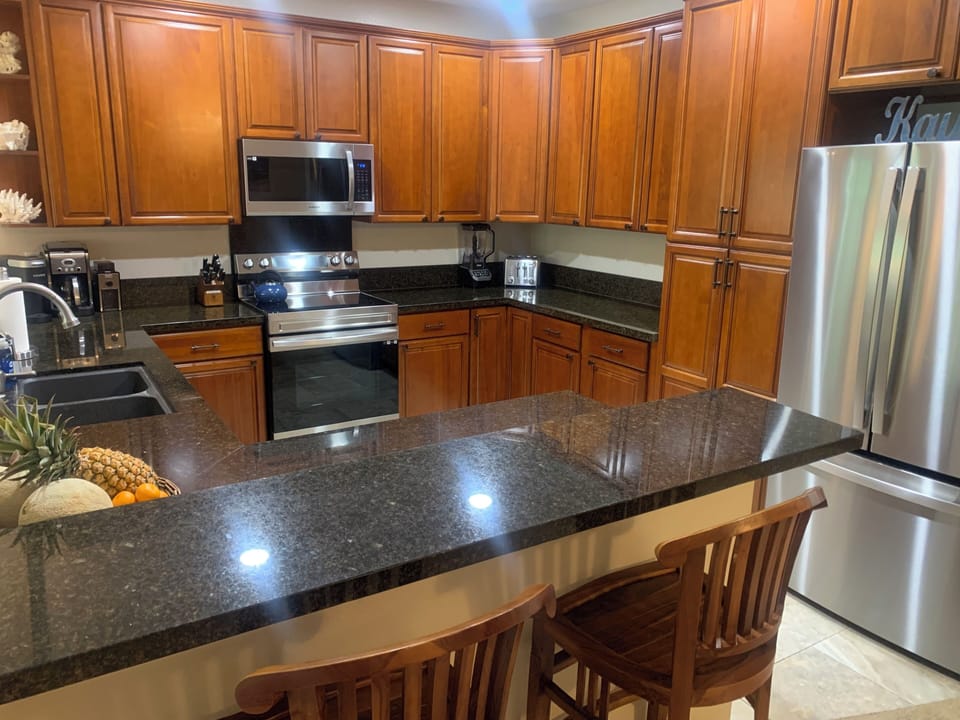 Recently remodeled luxury kitchen has stainless appliances. A real chef's dream!
