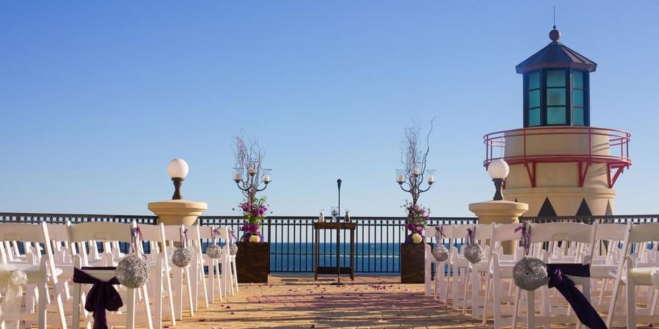 Wedding preparations near pool deck