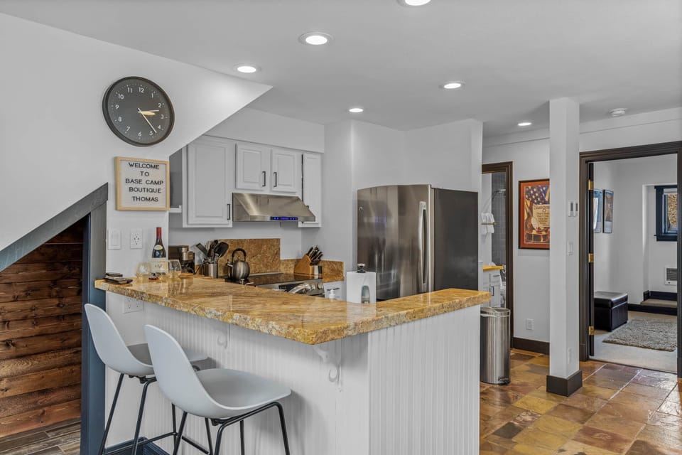 Granite countertops and stone floors in shared spaces
