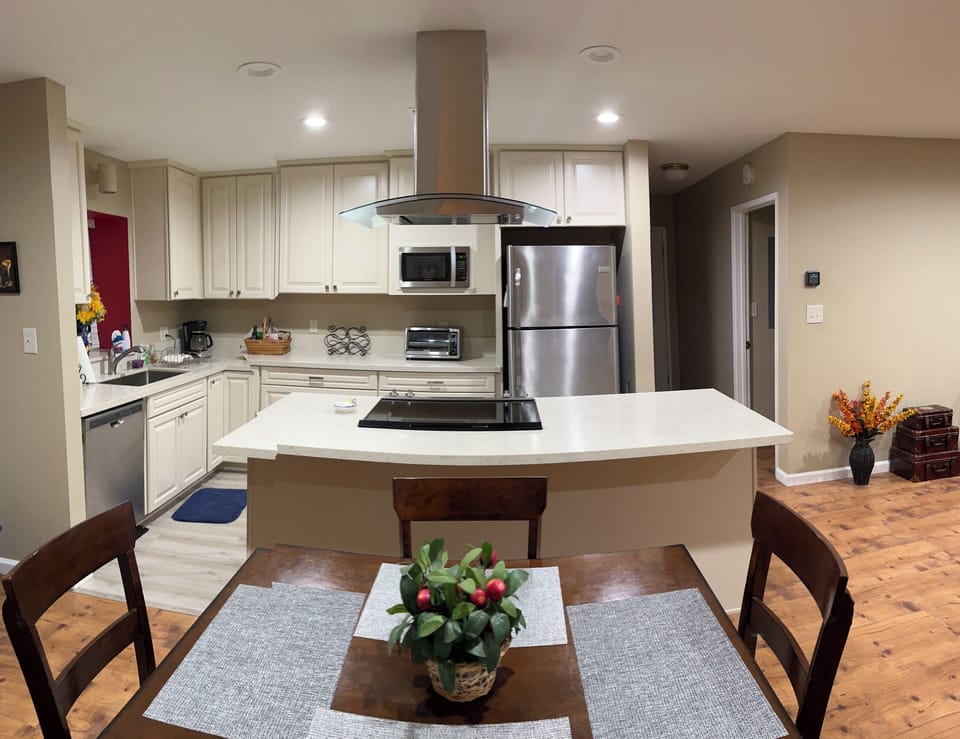 Kitchen Island w/Glass Cooktop, Oven, Dishwasher, Fridge, Dishes, Cookware, etc.