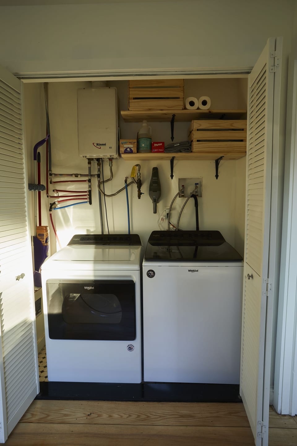 Washer, dryer, on-demand hot water heating system, extra towels & linens.