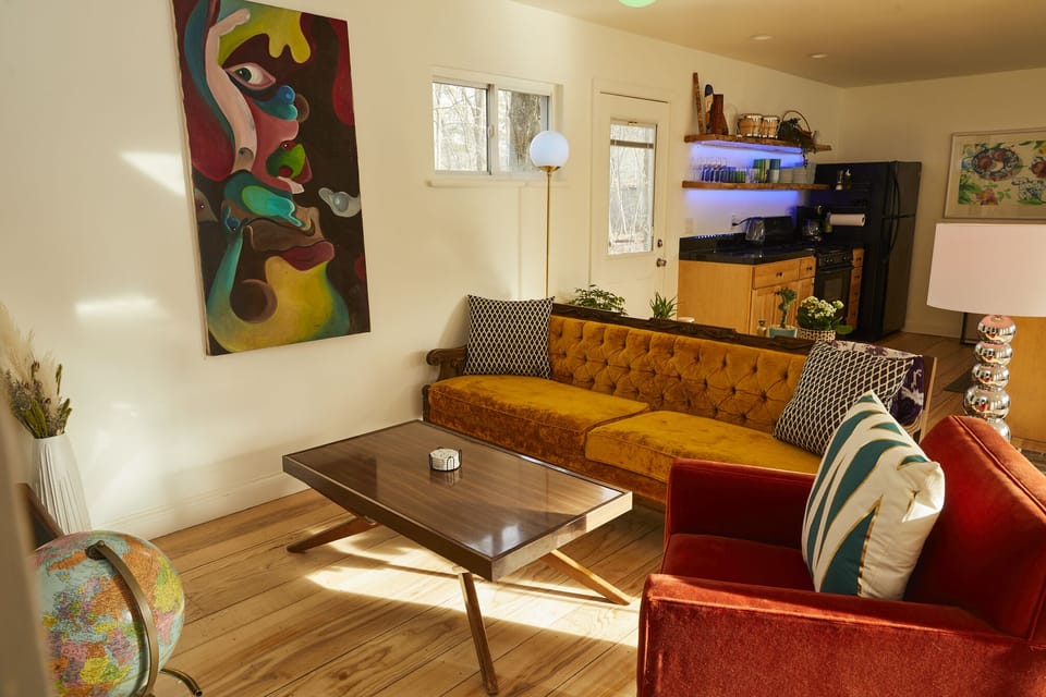 Plush living room area with adjustable mood lighting