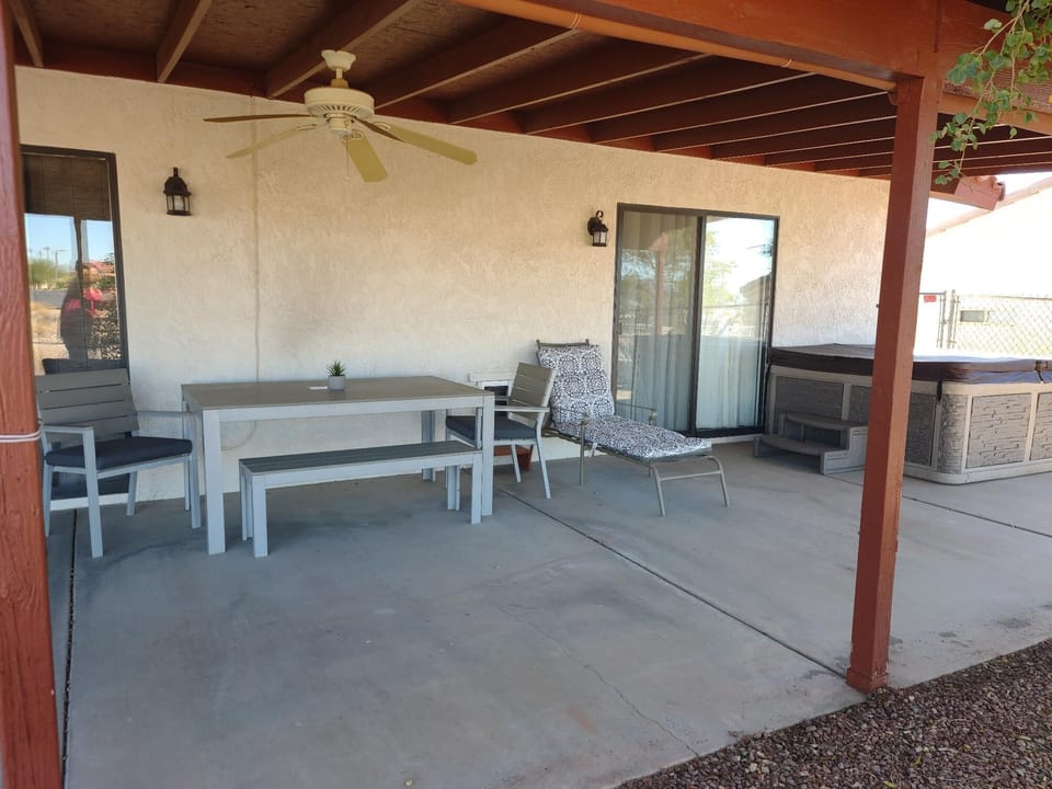 patio seating and hot tub