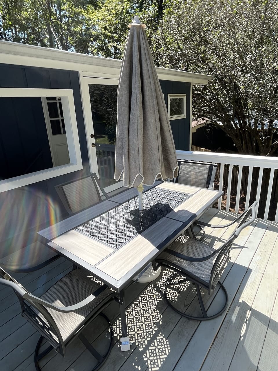 Deck Table, Chairs, and Umbrella