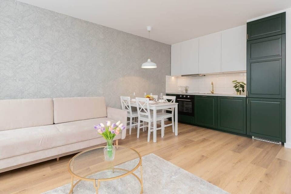 Living room with functional kitchenette, practical dining table, and double sofa bed.