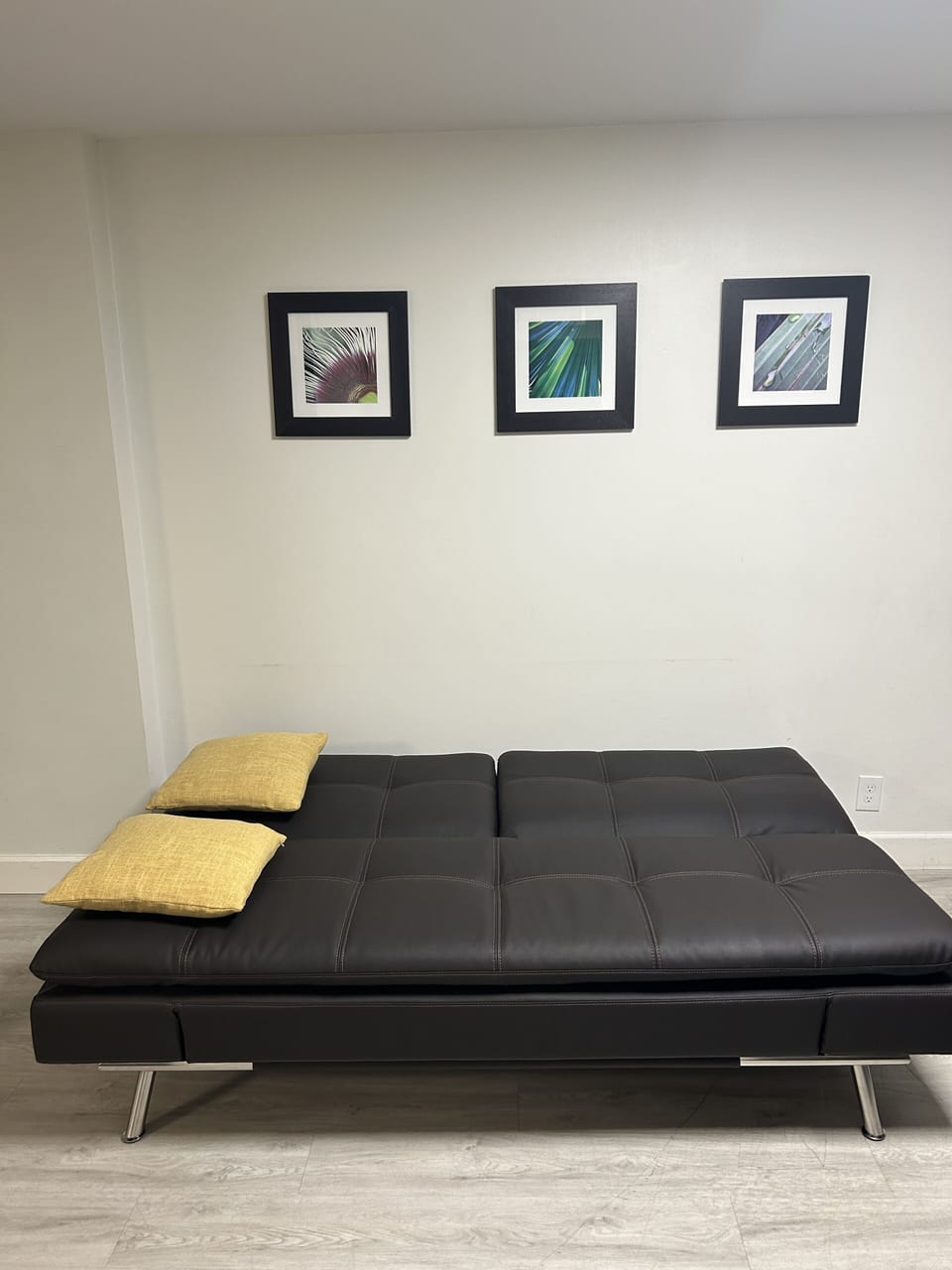 The living room sofa couch folds down.