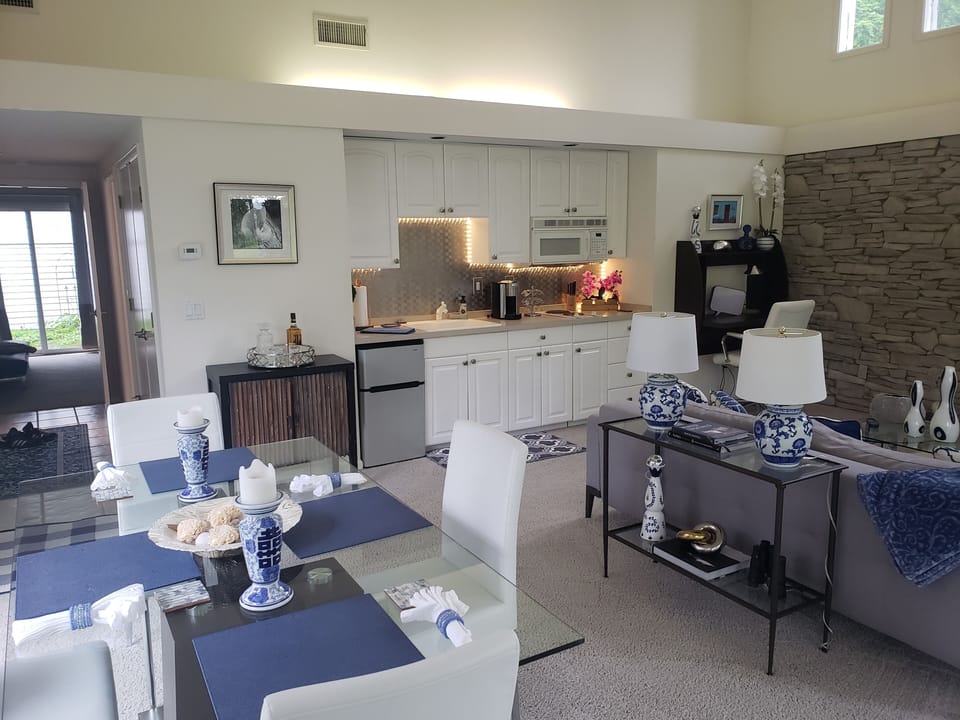 View of Kitchenette with microwave and two burner stove
