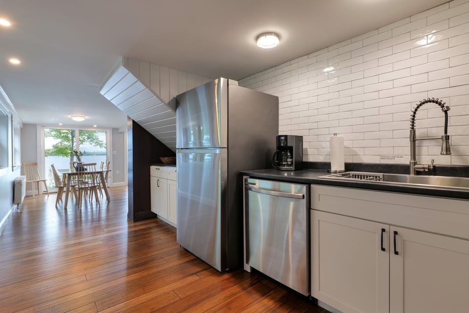 Open kitchen layout with lake views