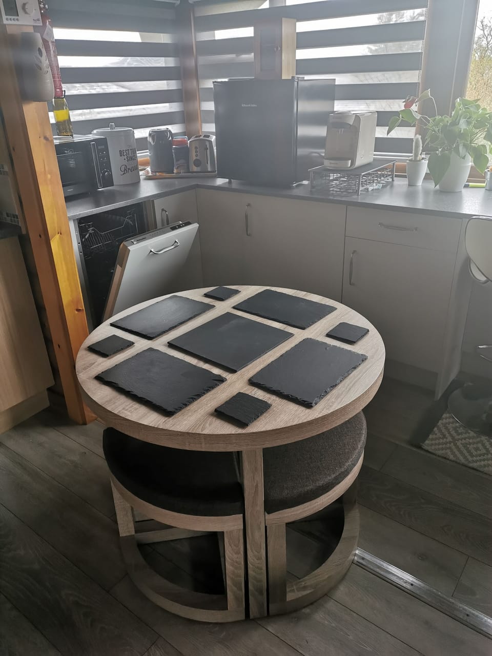 Space saver table and 4 chairs. Two stools with a brilliant view of the Rhinogs 