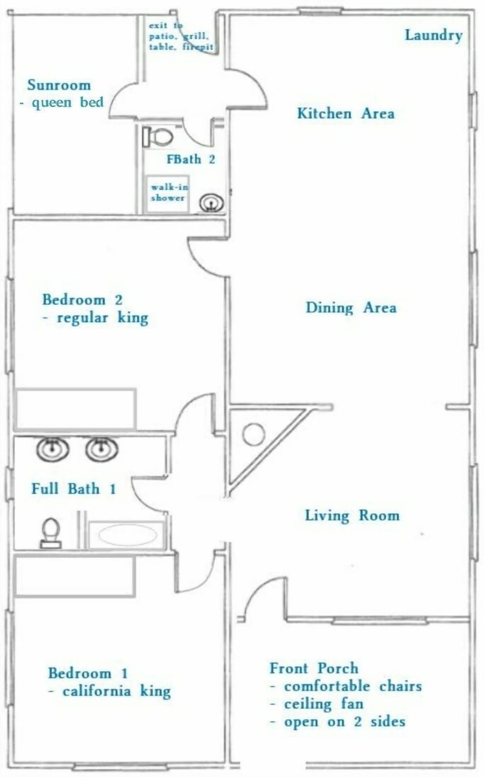 Layout of Rooms at the Pink Door. Wood floors throughout.