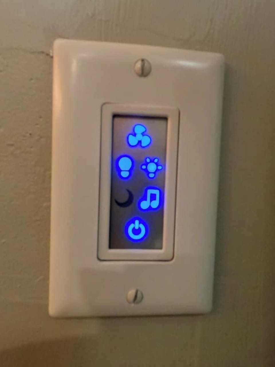 2nd floor bathroom has a touch screen for Bluetooth music, (2) nightlight setting to relax, (4) settings on the dimmable light, as well as a bathroom vent fan.