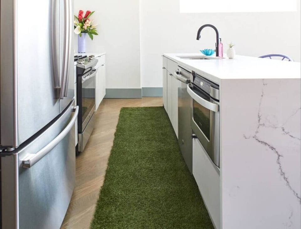 Sleek, modern fully stocked kitchen with full-size stainless appliances and bold design touches 🌿🍳 Perfect for cooking, entertaining, and enjoying your stay in style. #ModernKitchen