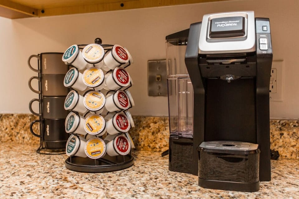 Get caffeinated with our Keurig coffee maker. Tea packets, cream and Splenda are readily available. :)