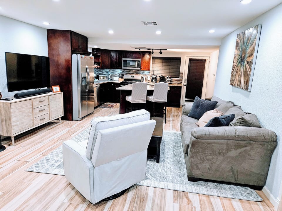 Open living, kitchen and dining area