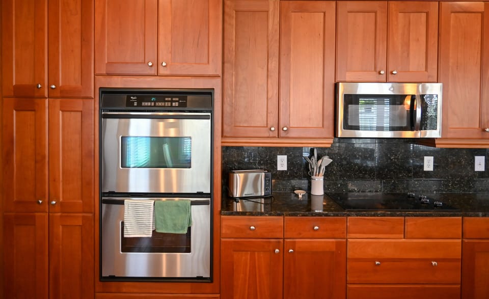 Our kitchen is well stocked w/ everything to prepare a meal.