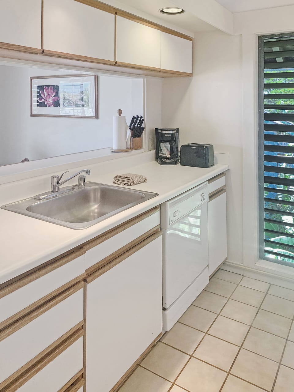 Counter space ; cabinets and large opening to view outside and serve meals