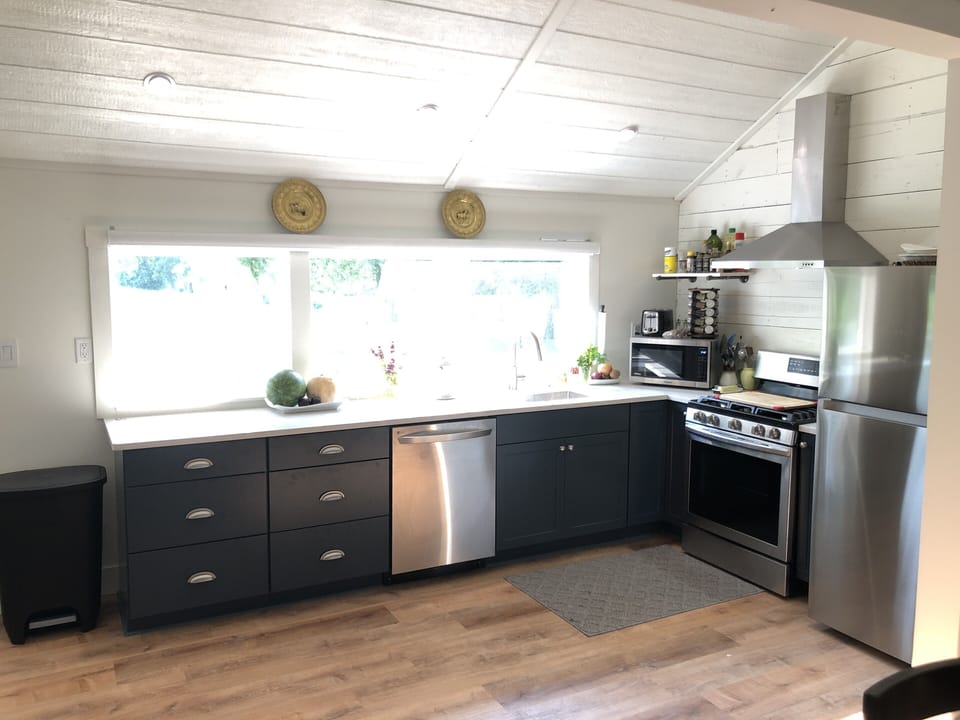 Well appointed new kitchen with wall of windows, vaulted ceilings 