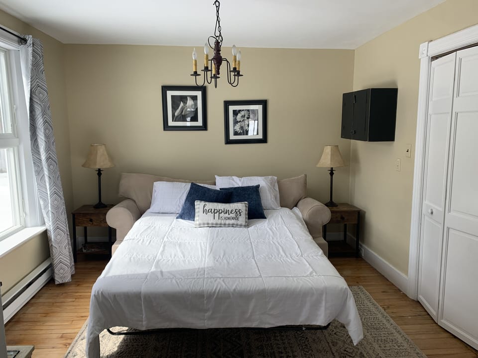 Queen pullout sofa in the 1st-floor family room with the mattress pulled out