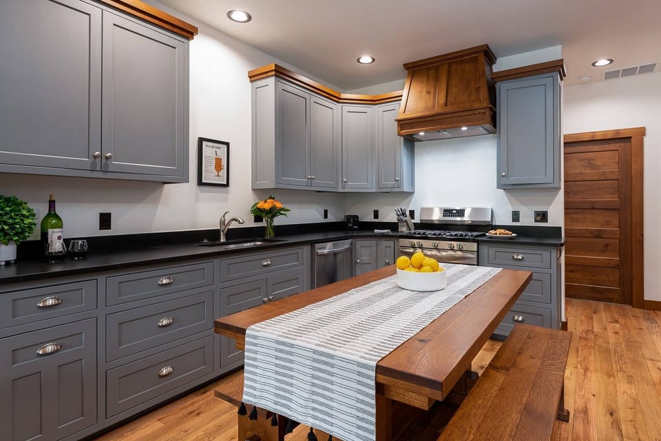 The kitchen has ample counter space for easy meal preparation.