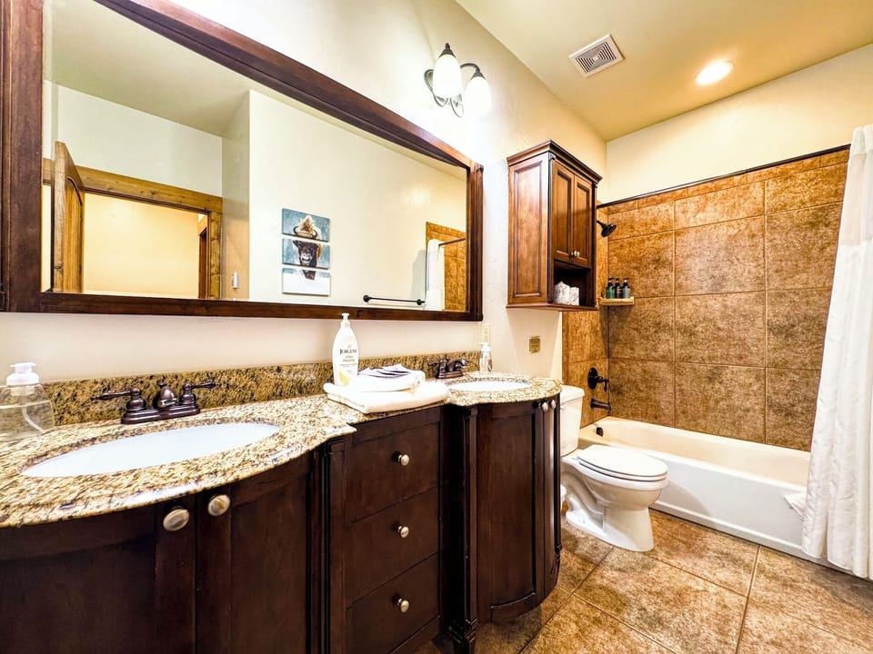Guest bathroom — granite double vanity with a full tub/shower.
