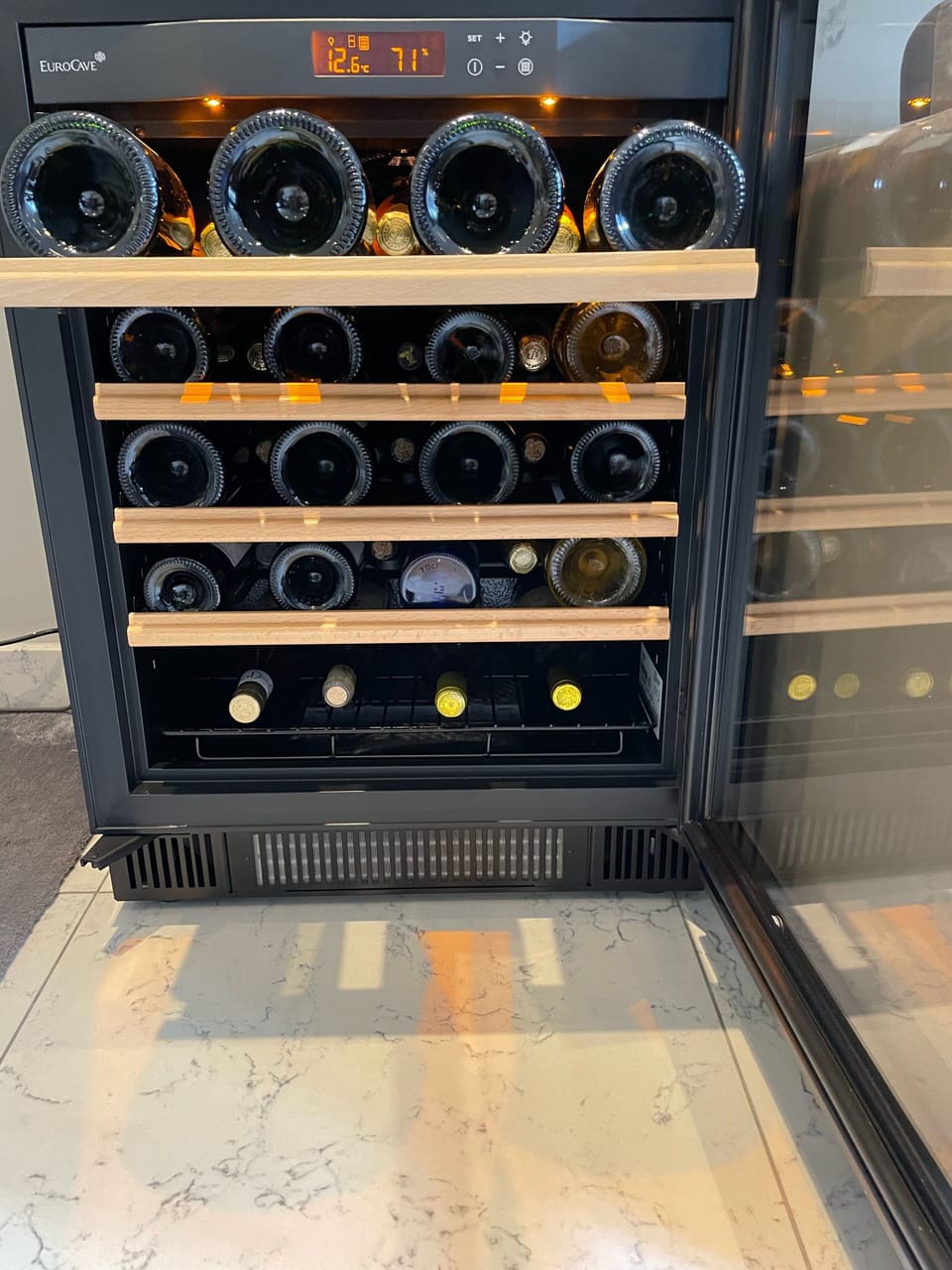 This wine fridge stores 36 bottles