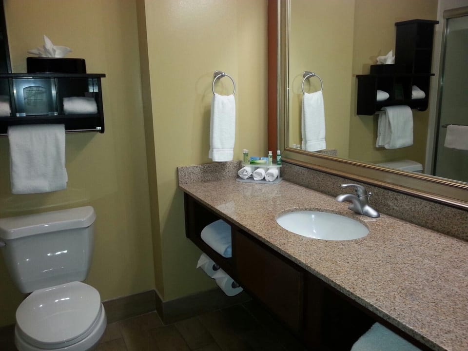 Full bathroom with a shower. Basic toiletries and towels are provided