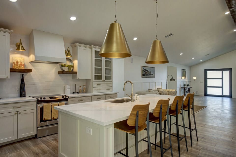 Chef style kitchen with large island and breakfast bar seating