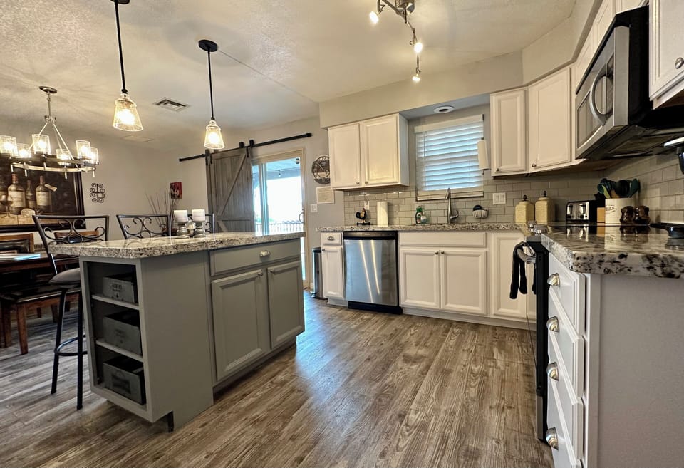updated large, well stocked kitchen 