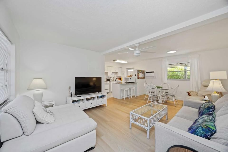 Living room with queen sleeper sofa on the right.