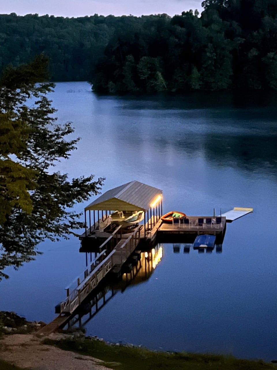 Nighttime at the dock with the dock string lights on.