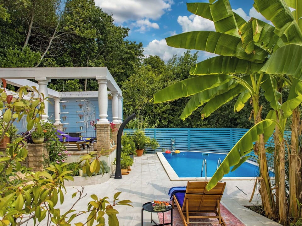Blue, Swimming Pool, Furniture, Outdoor Furniture, Resort, Chair, Flowerpot, Shade, Eco Hotel